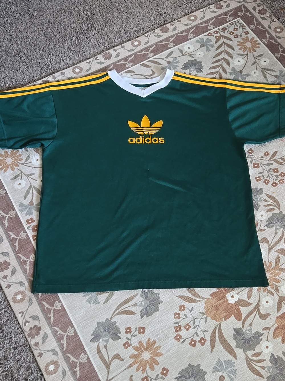 Vintage Adidas Trefoil Soccer V Neck Jersey Shirt Size  XL Green Yellow Stripe